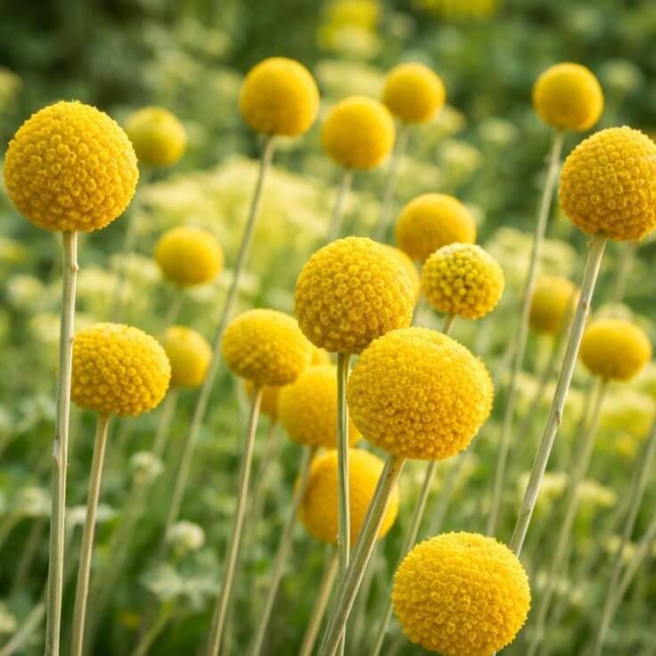Spherical golden-yellow craspedia heads on tall bare stems.