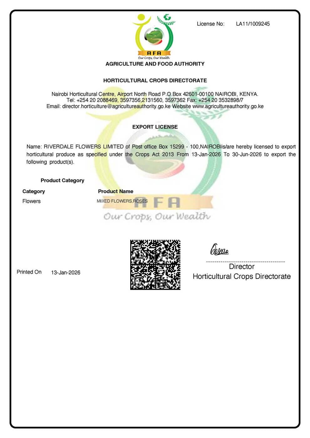 Scanned copy of the Riverdale Flowers AFA export licence.