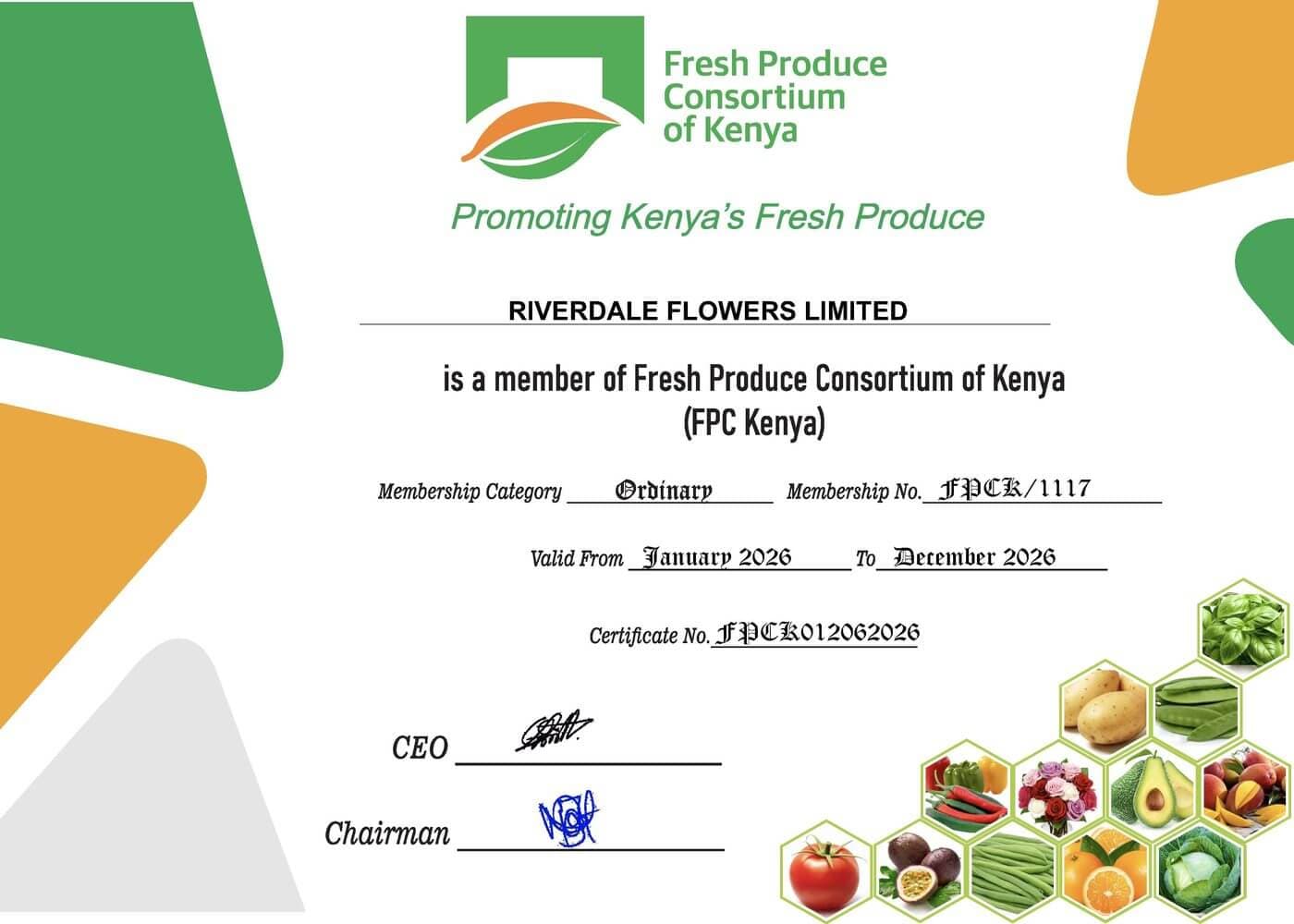 Scanned copy of the Riverdale Flowers FPCK membership certificate.