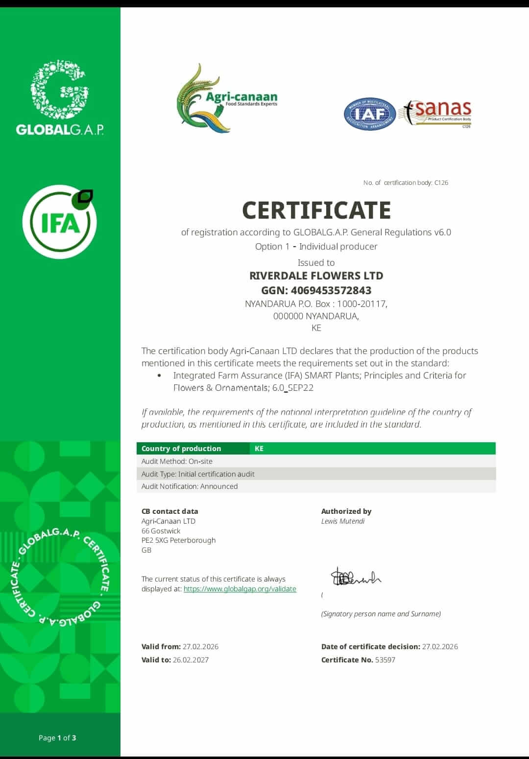 Scanned copy of the Riverdale Flowers GLOBALG.A.P. certificate.